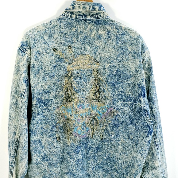 Vtg  Acid Wash Denim Jacket Womens Large Glitter Design First Concept Distressed - Picture 3 of 8